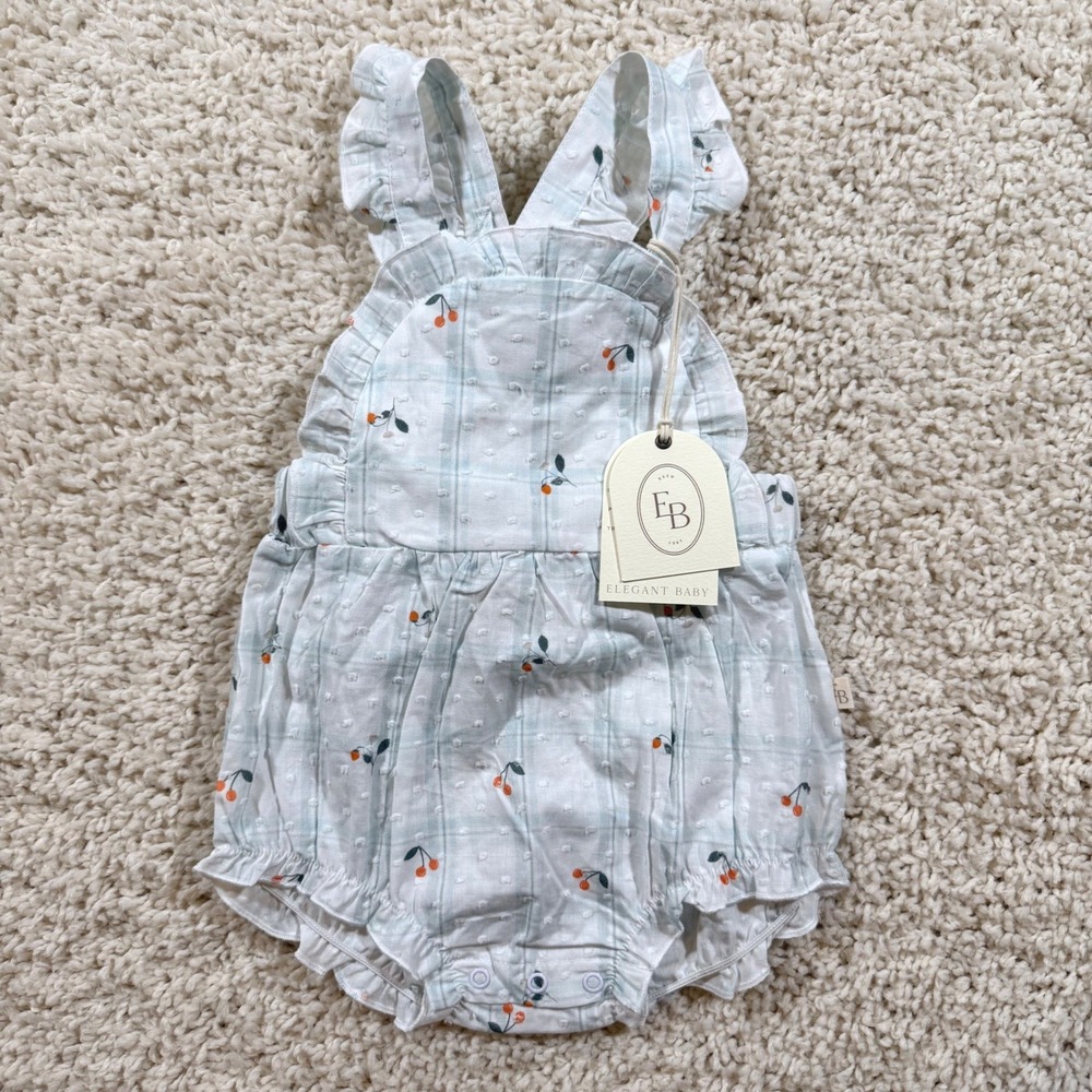 NWT Elegant Baby Strawberry Picnic Bubble Romper 6-9M Plaid Swiss Dot Blue